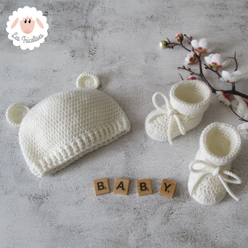 Bonnet ourson et chaussons en laine mérinos
