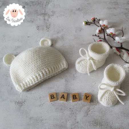 Bonnet ourson et chaussons en laine mérinos