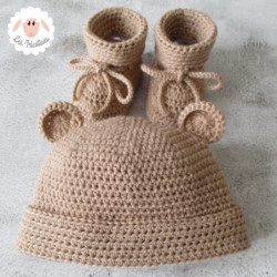 Bonnet ourson et chaussons assortis en laine mérinos bio