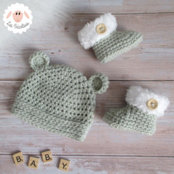 Bonnet ourson et chaussons fausse fourrure en laine épaisse