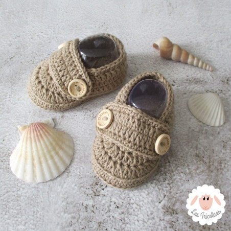 Chaussons bébé garçon mocassins en coton bio marron beige