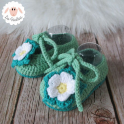Chaussons bébé fille ballerines vertes à fleurs