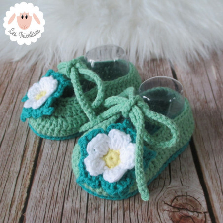 Chaussons bébé fille ballerines vertes à fleurs