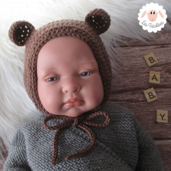 Bonnet béguin ourson en laine mérinos