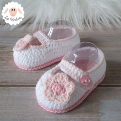 Chaussons bébé fille ballerines blanches à fleurs roses