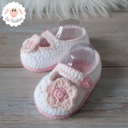 Chaussons bébé fille ballerines blanches à fleurs roses