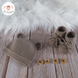Bonnet ourson et chaussons assortis en laine mérinos