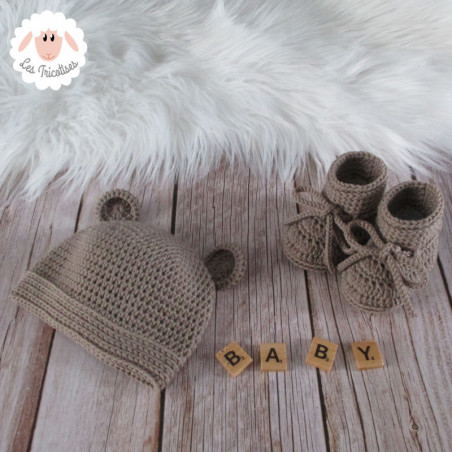 Bonnet ourson et chaussons assortis en laine mérinos