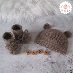 Bonnet ourson et chaussons assortis en laine mérinos