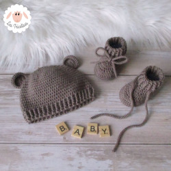 Bonnet ourson et chaussons de naissance en laine mérinos